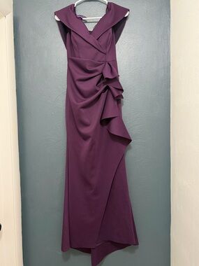 Xscape Deep Plum Ruffle-Detail Maxi Gown